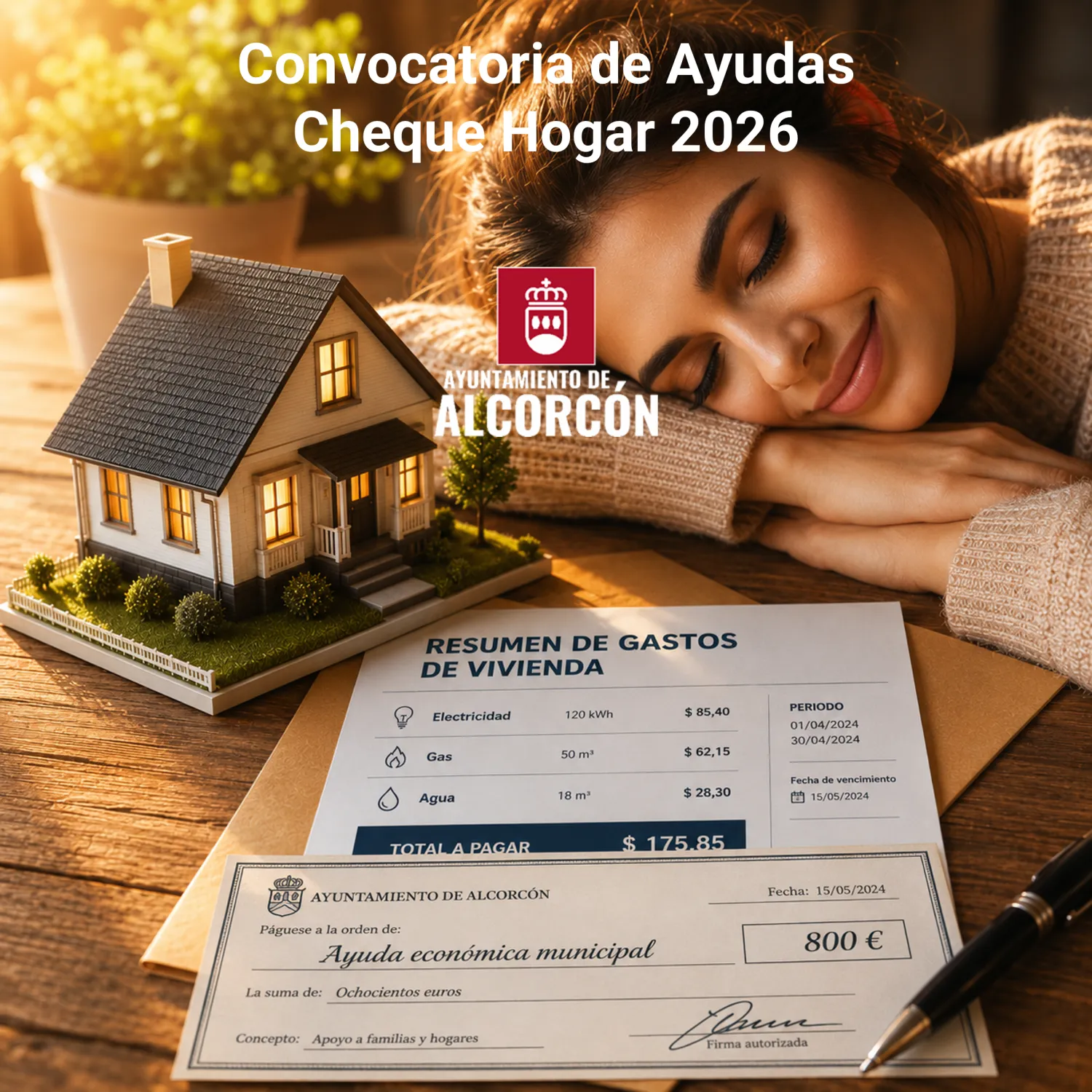Imagen de mujer apoyada en mesa con maqueta y cheque